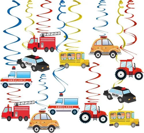 Decoraciones de remolinos colgantes para fiestas de transporte, 30 unidades, con temática de autos, guirnalda de pancarta de feliz cumpleaños para