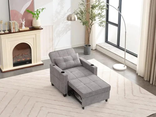 Miniatura 8 de Silla cama cama convertible ajustable con almohada, silla extraíble con puertos USB, antiarañazos, para sala de estar, dormitorio, apartamento, Lino