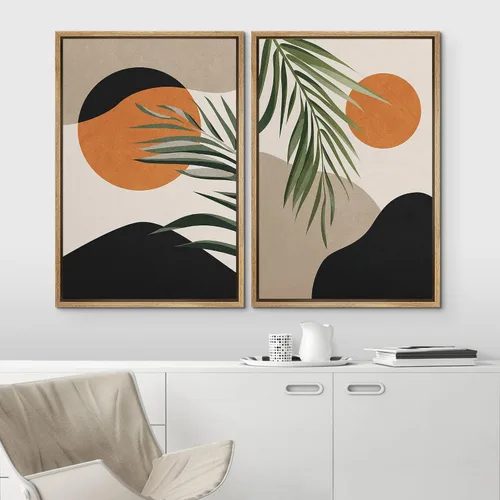 Miniatura 3 de IDEA4WALL Lienzo Enmarcado Impreso Arte de Pared Set Paisaje de Hojas de Palma de Selva de Mediados de Siglo Naturaleza Silvestre Ilustraciones Arte