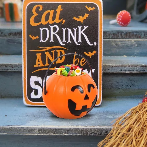 Miniatura 6 de Cubo de calabaza naranja de 6.7 pulgadas de plástico para dulces con asa para niños truco o trato fiesta de Halloween