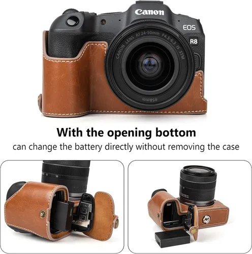 Miniatura 3 de MUZIRI KINOKOO Funda para cámara Canon EOS R8/RP DSLR, estilo retro funda protectora de piel sintética con agarre de mano y diseño inferior de Marrón