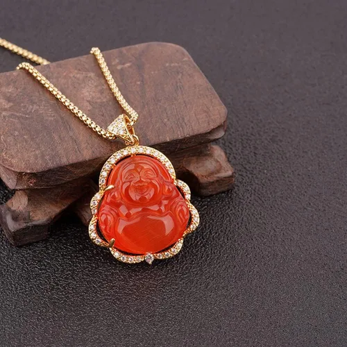 Miniatura 2 de ASGIFT Collar de Buda sonriente con circonita cúbica, colgante de Buda de jade verde con cadena chapada en oro de 18 quilates, collar de Buda