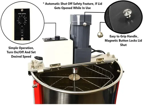Miniatura 3 de Good Land Bee Supply HE4MOT 4 Marco Apicultura 304 Tambor de acero inoxidable Honey Motorizado Extractor con soporte - Eléctrico 110V