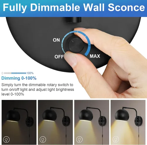 Miniatura 2 de VATONI Apliques de pared enchufables, Apliques de pared regulables con brazo oscilante con cable de enchufe y interruptor de regulación y Negro