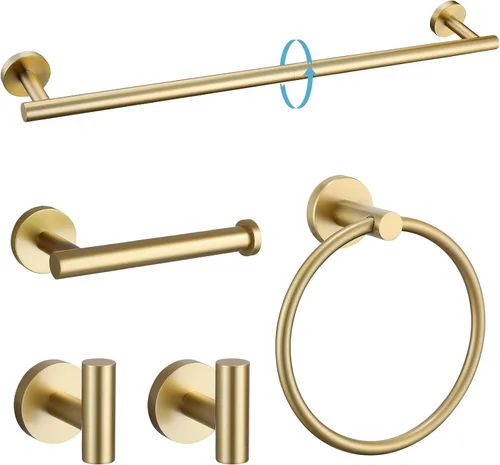 TURS Juego de 5 piezas de accesorios de baño cepillado dorado, juego de barra de toalla de baño de acero inoxidable SUS304 de 61 cm, kit de Brusehd