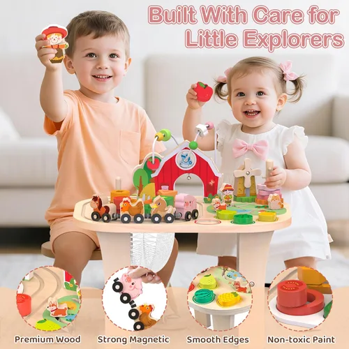 Miniatura 4 de Mesa de actividades de granja de madera para niños de 1, 2, 3 años, juguete de aprendizaje Montessori con laberinto de cuentas, clasificador
