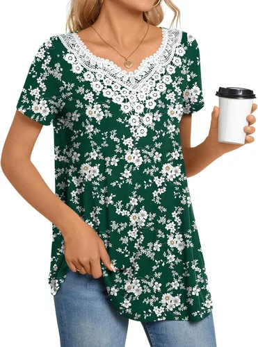Miniatura 3 de CATHY Blusa de verano para mujer, manga corta, cuello en V, encaje de ganchillo, informal, plisada