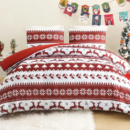 Miniatura 8 de Exclusivo Mezcla - Juego de edredón de Navidad tamaño individual, 2 piezas reversibles, ropa de cama de invierno con patrón de corona de renos