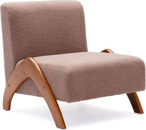 Miniatura 10 de Silla decorativa de gran tamaño, tapizada sin brazos de mediados de siglo, moderna silla de sala de estar con patas de madera para dormitorio, Crema
