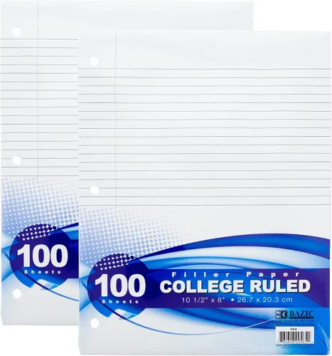 BAZIC Products Papel de relleno con rayas universitarias, 100 hojas, 3 agujeros perforados, 2 unidades Ranurado universitario (100 hojas)