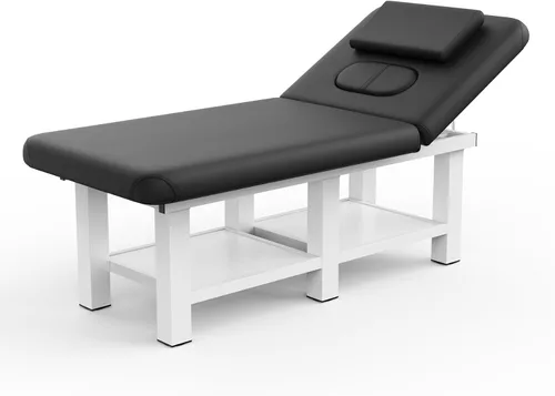 Mesa de masaje estacionaria ancha negra con respaldo para mesa de tratamiento, mesa de terapia física, cama facial de spa, marco de metal, piel Negro