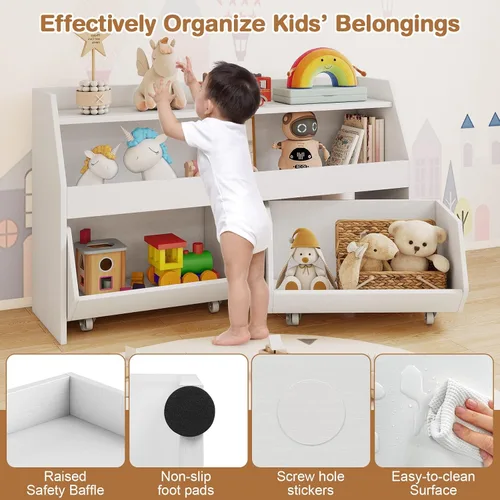 Miniatura 6 de Costzon Organizador de almacenamiento de juguetes para niños, armario de juguetes con 2 cajones rodantes, ruedas con cerradura, estante abierto