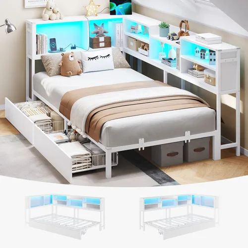 Miniatura 14 de DICTAC Marco de cama esquinero tamaño individual con almacenamiento y luces LED, plataforma de metal con 2 cajones y estación de carga, cama