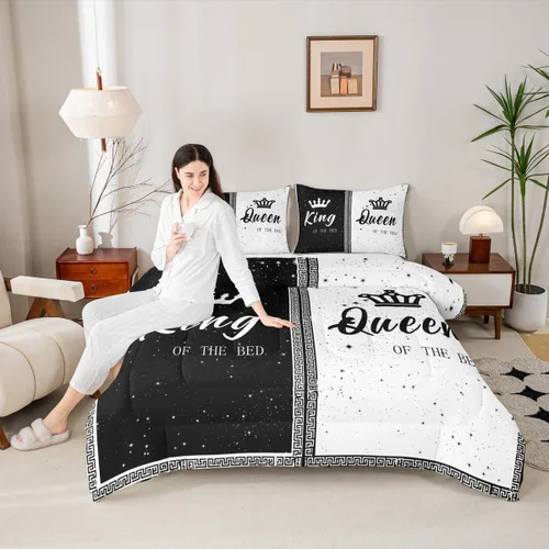 Miniatura 5 de jejeloiu Juego de edredón con patrón de corona, edredón estampado King y Queen para niños y adolescentes, juego de ropa de cama moderno de arte