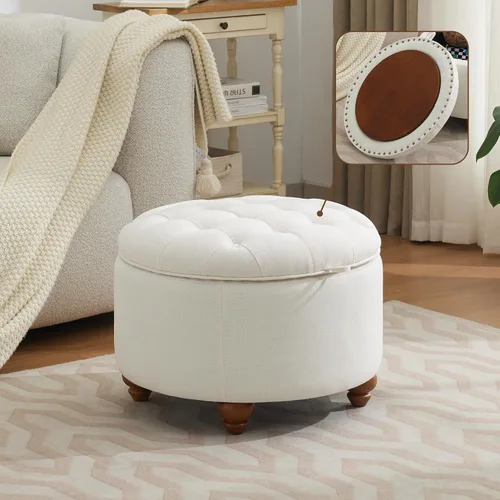 WUTUTUEE Otomana redonda de almacenamiento de 24 pulgadas con bandeja, mesa de café circular tapizada moderna con almacenamiento, otomana tapizada