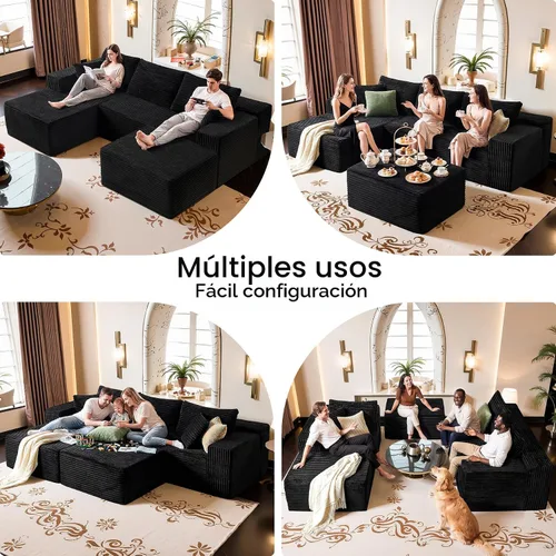 Miniatura 3 de Sofá modular negro de 108 pulgadas con otomana, sofá en forma de U en forma de nube para sala de estar, no necesita montaje, tela de pana de felpa