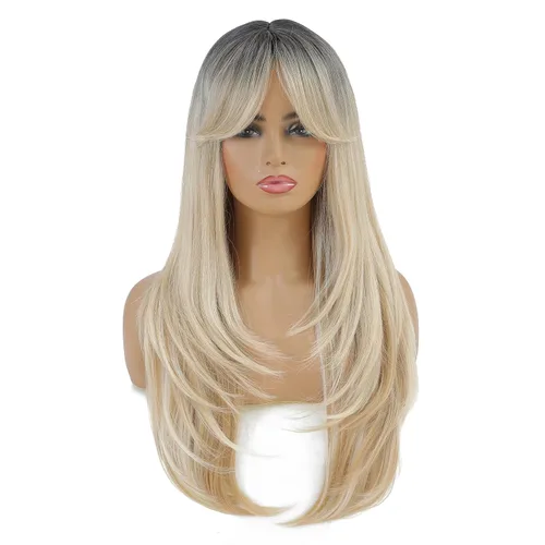 Miniatura 15 de SWACC Peluca de pelo sintético con flequillo largo en capas para mujeres con gorra de peluca (negro)