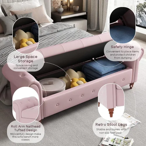 Miniatura 32 de NIOIIKIT Banco Otomano de Almacenamiento de 160 cm, Banco de Entrada con Botones Acolchados, Banco Largo de Brazos Enrollados para Dormitorio, Sala