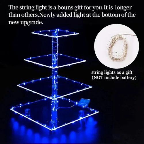 Miniatura 5 de weddingwish Soporte para cupcakes, soporte cuadrado de acrílico de 4 niveles con cadena de luces LED, torre de postre para pastelería