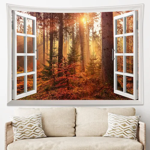 Miniatura 19 de HVEST Tapiz de bosque otoñal para colgar en la pared, hojas de arce naranja y sol, tapiz para colgar en la pared, tapiz de hojas de árbol de otoño