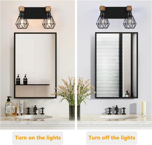 Miniatura 5 de FadimiKoo Aplique de pared de baño de madera de estilo rústico de 2 luces, accesorio de iluminación de tocador de granja para baño, lámpara de pared