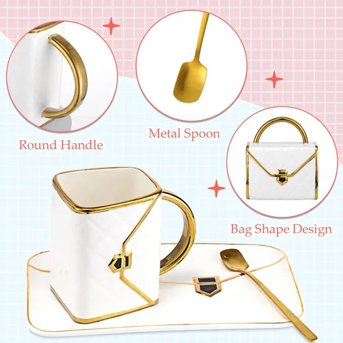 Miniatura 2 de Nitial Juego de 2 tazas y platillos en forma de bolso de 10 onzas/10.5 fl oz de cerámica, taza de té con cuchara de platillo para oficina, hogar