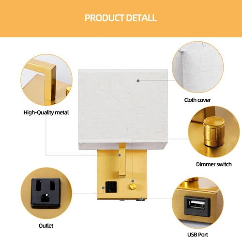 Miniatura 7 de Aplique de pared enchufable, lámpara de pared de cabecera con enchufe y interruptor regulable, con puerto de carga USB y toma de corriente, adecuado