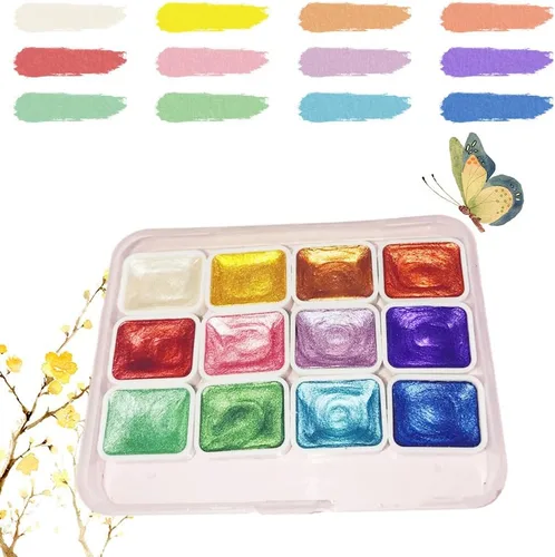 Juego de pintura de acuarela de 12 colores, suministros de dibujo, juego de pinturas de acuarela metálicas brillantes, kit de pintura colorida
