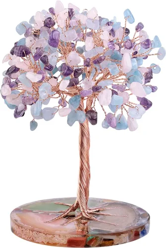 SUNYIK Juego de árbol de dinero de cristal hecho a mano sobre base de rodajas de ágata orgánica, árbol de la vida curativo de cristales de chakras,