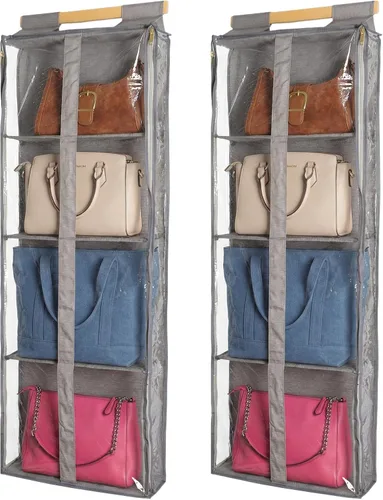 Miniatura 8 de Silkfly Paquete de 2 organizadores colgantes para colgar bolsos para armario, colgador de almacenamiento transparente con soporte de cremallera