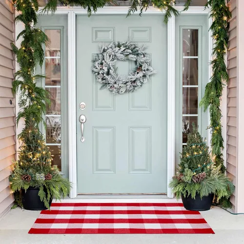 Miniatura 7 de Alfombra de cuadros rojos y blancos de Navidad de 27.5 x 43 pulgadas, tejida a mano para interiores y exteriores, mezcla de algodón a cuadros