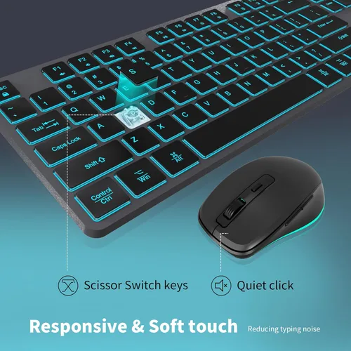 Miniatura 2 de Teclado inalámbrico silencioso y mouse retroiluminado, combo de teclado plano silencioso recargable, mouse Jiggle, mouse delgado inalámbrico de 2.4