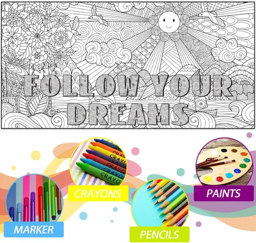 Miniatura 3 de Naozinebi Pósteres de mandala gigante para colorear, grandes carteles motivacionales para colorear con texto en inglés "Follow Your Dreams", mantel
