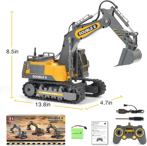 Miniatura 4 de DOUBLE E Excavadora de juguete con control remoto, juguetes de construcción, tractor, batería recargable, vehículos RC, camión eléctrico, caja