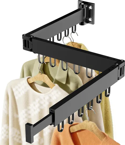 JAUREE Tendedero para ropa montado en la pared, ahorro de espacio, plegable, plegable, retráctil, con 18 ganchos, interior/exterior, color negro