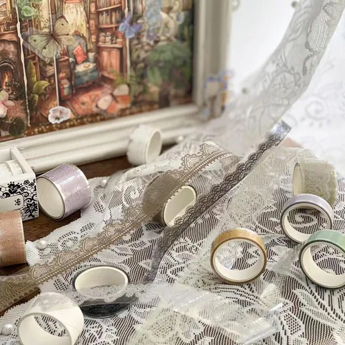 Miniatura 8 de 6 rollos de cintas de PET con patrones de encaje de artes florales, juego de cintas decorativas adhesivas transparentes de enmascarar para Suave