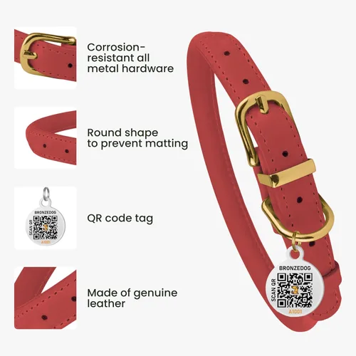 Miniatura 3 de Collar de cuero enrollado, redondo, suave y ajustable con placa de identificación por QR para perro pequeño, mediano y grande, cachorro y gato Rosa