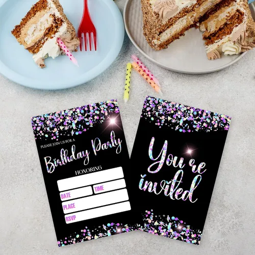 Miniatura 3 de Invitaciones de cumpleaños para niña, 20 invitaciones temáticas de lentejuelas con purpurina de doble cara con sobres para niña, recuerdo de fiesta