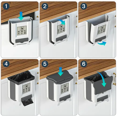 Miniatura 7 de HI NINGER Bote de basura pequeño con tapa, blanco grisáceo, 2.4 galones, plegable, sello de olor, cubo de compost de cocina, colgante, portátil