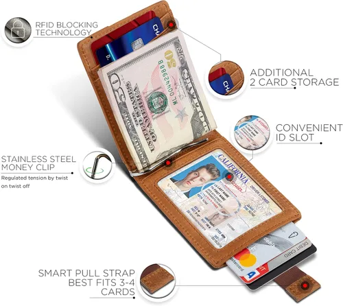 Miniatura 52 de SERMAN BRANDS - Billetera sencilla de cuero genuino con bloqueo RFID para hombre, billetera delgada con bolsillo frontal y clip para dinero