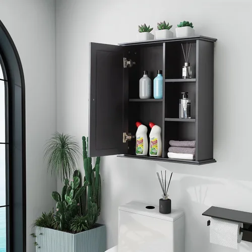 Miniatura 7 de Armario de pared de baño sobre el inodoro, armario de almacenamiento montado en la pared, gabinetes de madera para medicamentos para baño, Negro