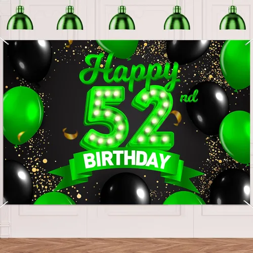 Miniatura 24 de Cartel de feliz cumpleaños 26 verde y negro, telón de fondo con texto en inglés "Cheers to 26 years old confeti", globos de confeti, decoración
