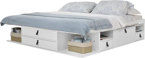 Miniatura 39 de Memomad Bali Slim Set: Plataforma de almacenamiento con cajones + Cabecero de panel plano (Tamaño completo, madera marrón roble)