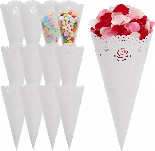 Tofficu 20 conos de confeti blancos para bodas, conos huecos de papel rosa para flores secas, elegante soporte para ramo de flores para despedida de