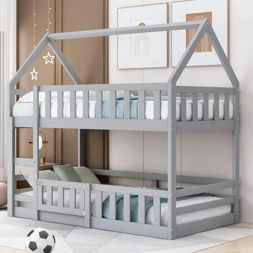 Miniatura 11 de JIVOIT Litera de madera con diseño de techo y ventanas, litera individual sobre individual con nido y escalera integrada para niños, adolescentes