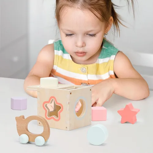 Miniatura 4 de Pillowhale Juego de juguetes de madera sensorial y educativo para niños pequeños de 1 a 3 años - Anillos para apilar, clasificador de formas, coche