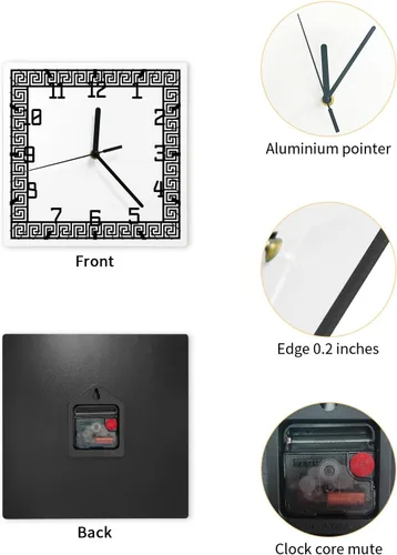 Miniatura 2 de Reloj de pared de madera geométrico negro, silencioso, sin tictac, diseño de llave griega, tradicional, retro, blanco, cuadrado, funciona