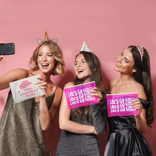 Miniatura 4 de Layhit 8 bolsas de maquillaje de despedida de soltera de color rosa con texto en inglés "Let's Go", suministros de decoración para niñas, retro
