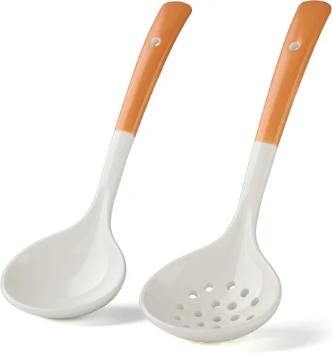 Juego de 2 cucharones de cerámica con cucharón grande para sopa con espumadera, cucharones ranurados, cucharones de cocina, cucharas coladoras para