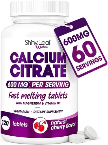 Shiny Leaf Citrato de calcio bariátrico de 600 mg con magnesio y vitamina D3, tabletas de disolución rápida con sabor a cereza, suplemento de calcio